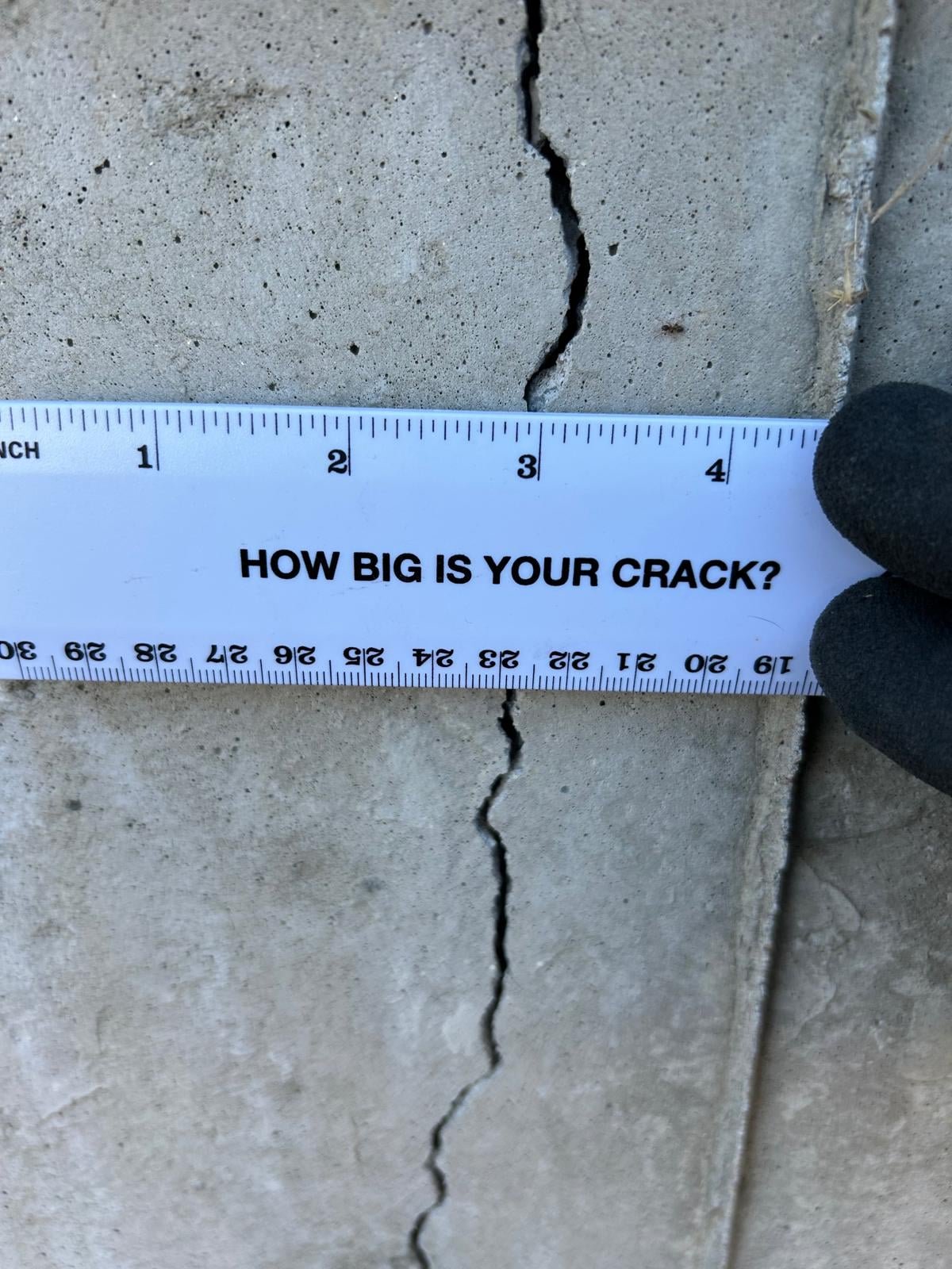 Ruler held up to a vertical foundation crack, with the cheeky question 'How big is your crack?' printed on the ruler — a reminder to homeowners to include scale when sending photos.