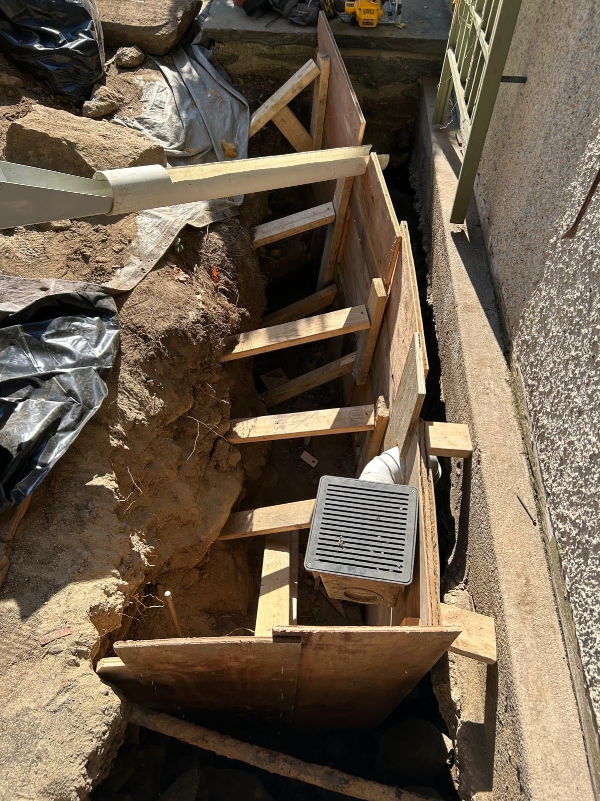 Before: exterior excavation foundation waterproofing for a chronic basement leak in Greenwich, CT
