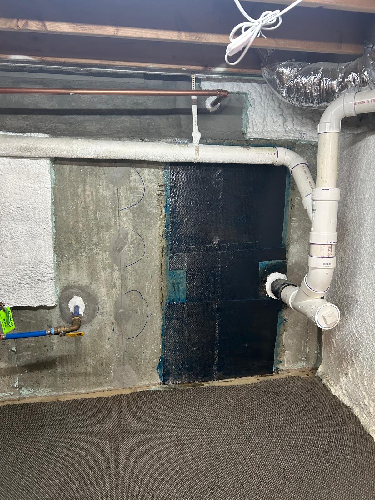 After: leaking basement wall crack repair with carbon fiber reinforcement in Stamford, CT