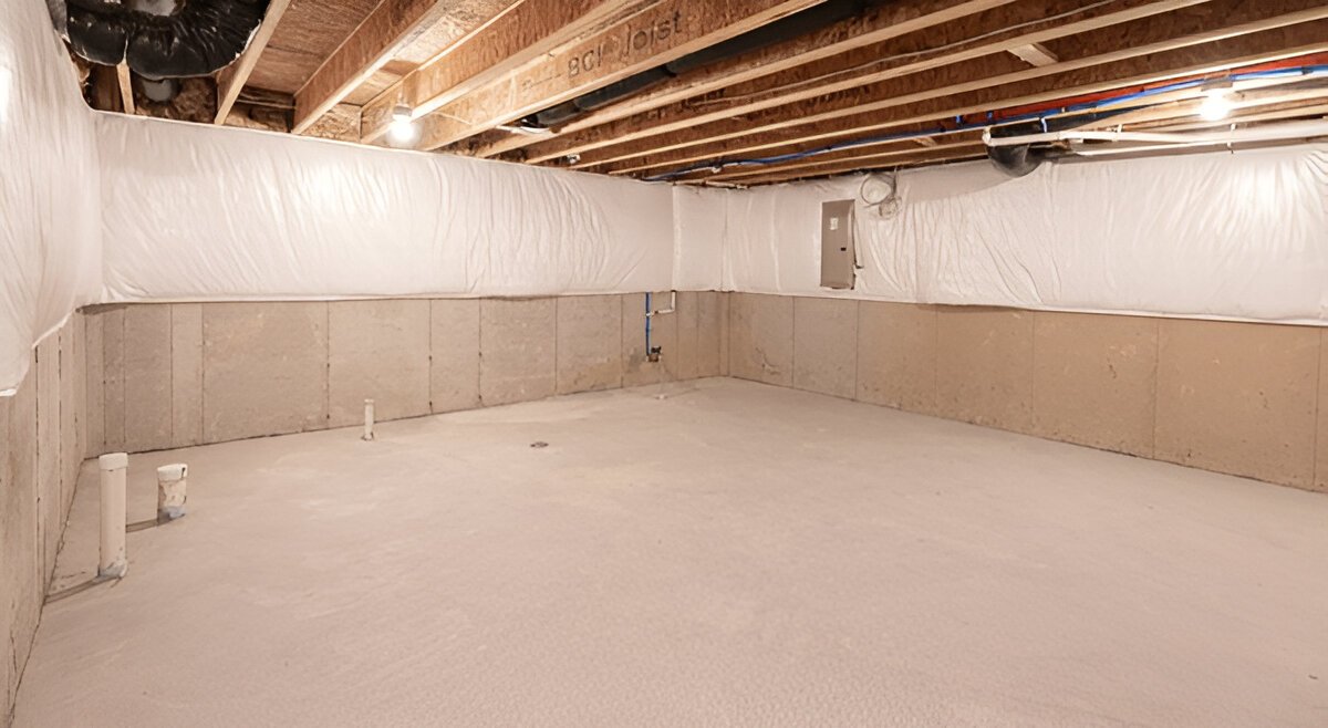 Clean dry basement interior after waterproofing installation